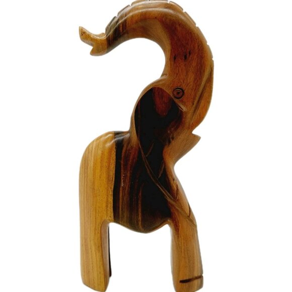 Hand Carved Wooden Elephant Sculpture Trunk Up MCM 2 Tone Wood 8" - Picture 2 of 7